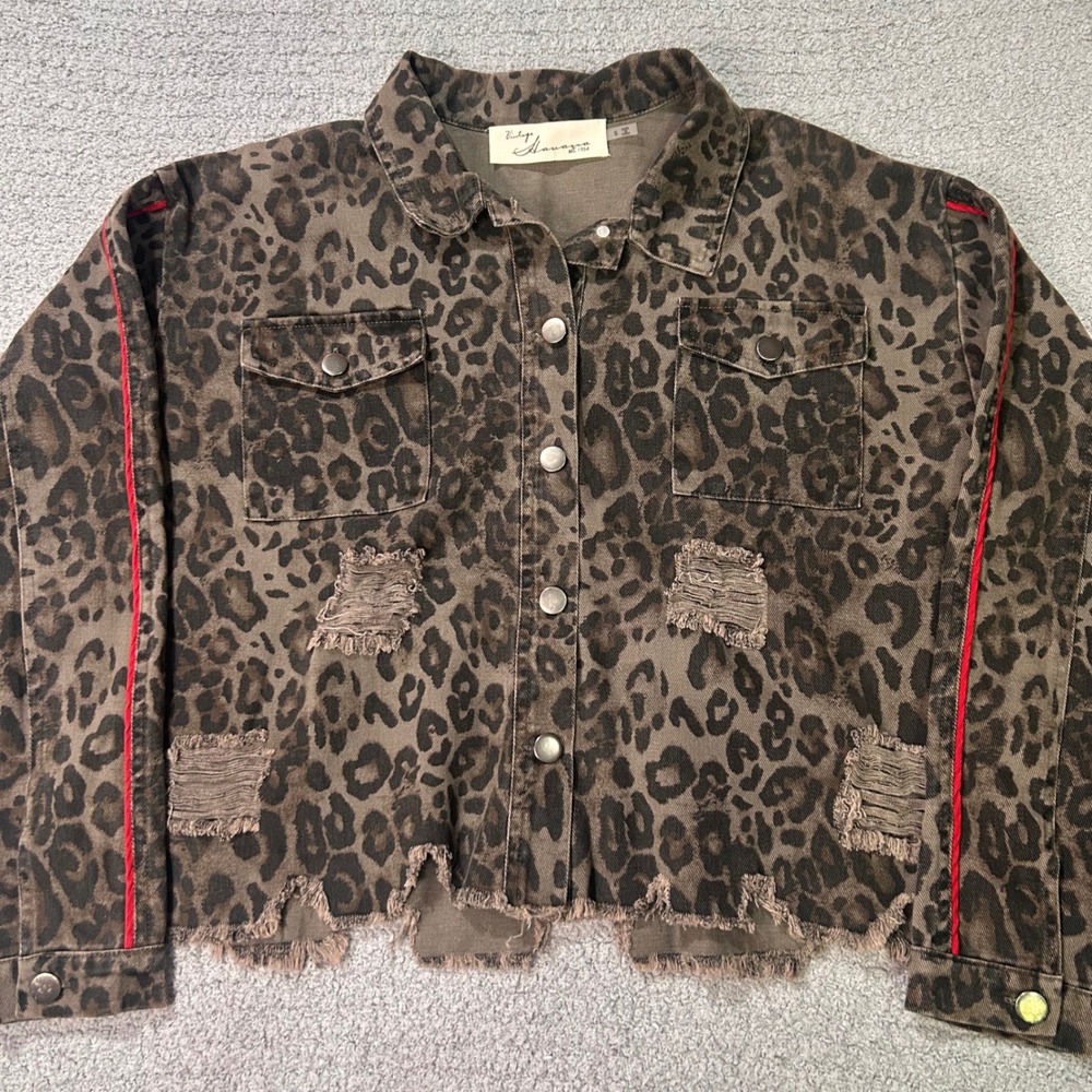 Vintage Havana Denim Jacket‎ Leopard Print Small Brown Distressed Cropped Grunge